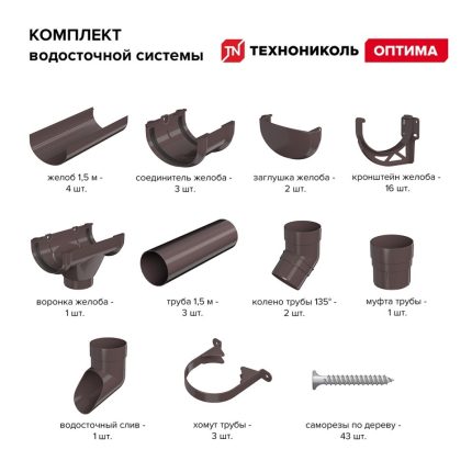 Комплект водосточной системы ПВХ Технониколь Оптима Темно-коричневый RAL 8019 6х3 м 120/80 мм