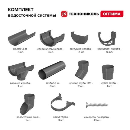 Комплект водосточной системы ПВХ Технониколь Оптима Серый RAL 7024 6х3 м 120/80 мм