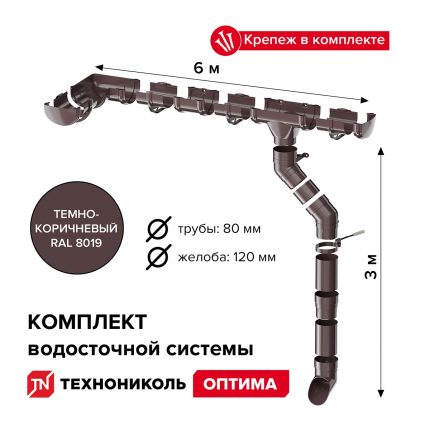 Комплект водосточной системы ПВХ Технониколь Оптима Темно-коричневый RAL 8019 6х3 м 120/80 мм