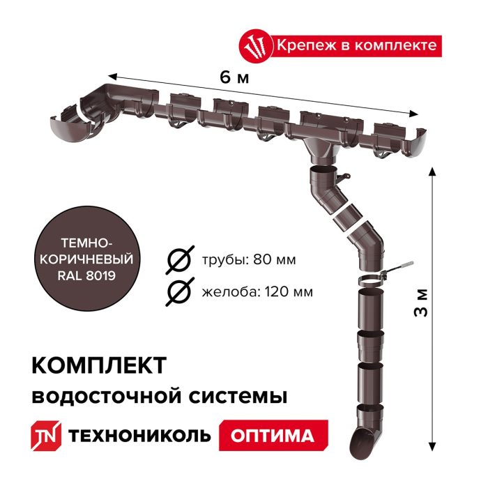 Комплект водосточной системы ПВХ Технониколь Оптима Темно-коричневый RAL 8019 6х3 м 120/80 мм