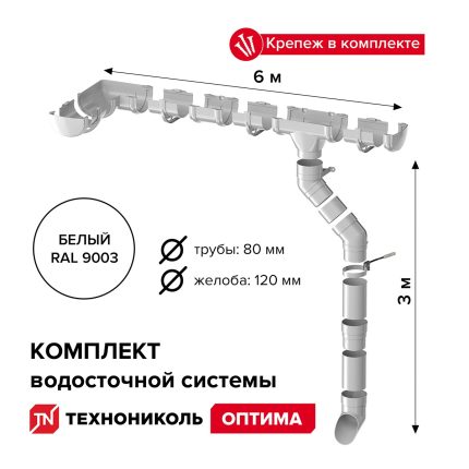 Комплект водосточной системы ПВХ Технониколь Оптима Белый RAL 9003 6х3 м 120/80 мм